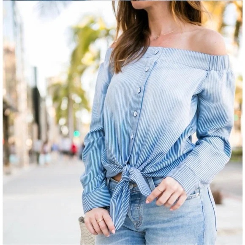 Hickory Stripe Cottagecore Chambray Denim Off-The-Shoulder Button-Up Tie Top M